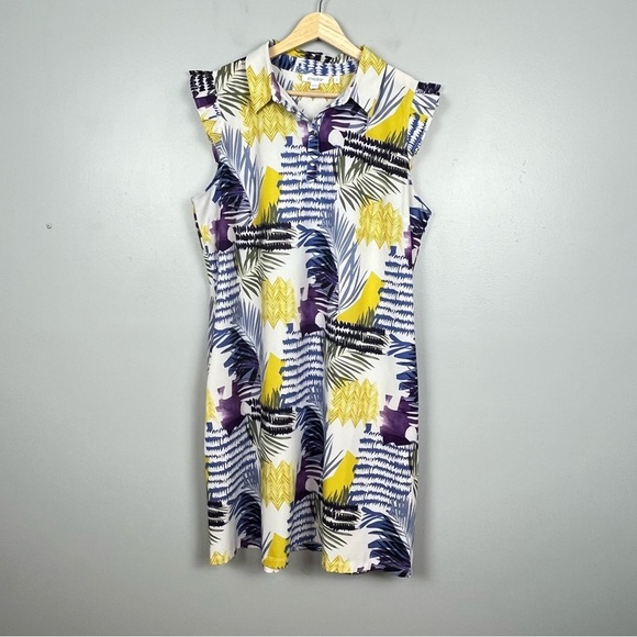 Chico's Dresses & Skirts - Chico’s blue & yellow ruffle cap sleeve performance material dress, large.